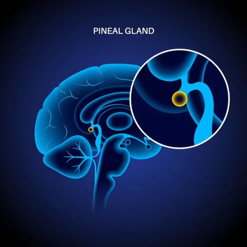 Anatomical cross-section showing the pineal gland at the center of the brain